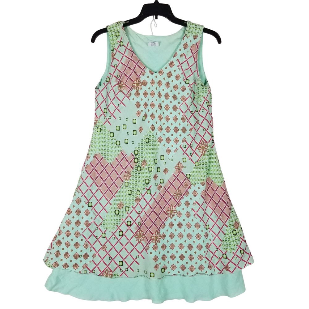 Click by Color Me Cotton Linen Dress Womens XL Mint Green Patchwork Lagenlook